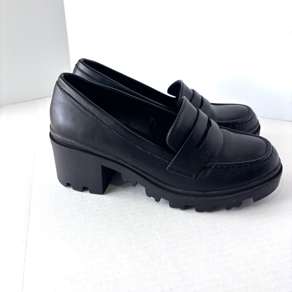 Mudd Penny Loafers Women’s Size 7.5 Black Chunky Platform Lug Block Heel Y2K - Picture 4 of 12